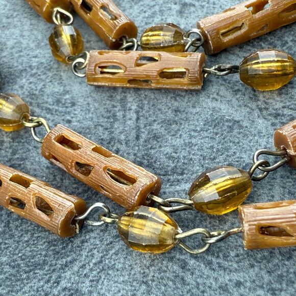 Carved Celluloid Brown Beads Necklace Faux Wood Early Plastic Art Deco VTG 26" - Picture 6 of 12